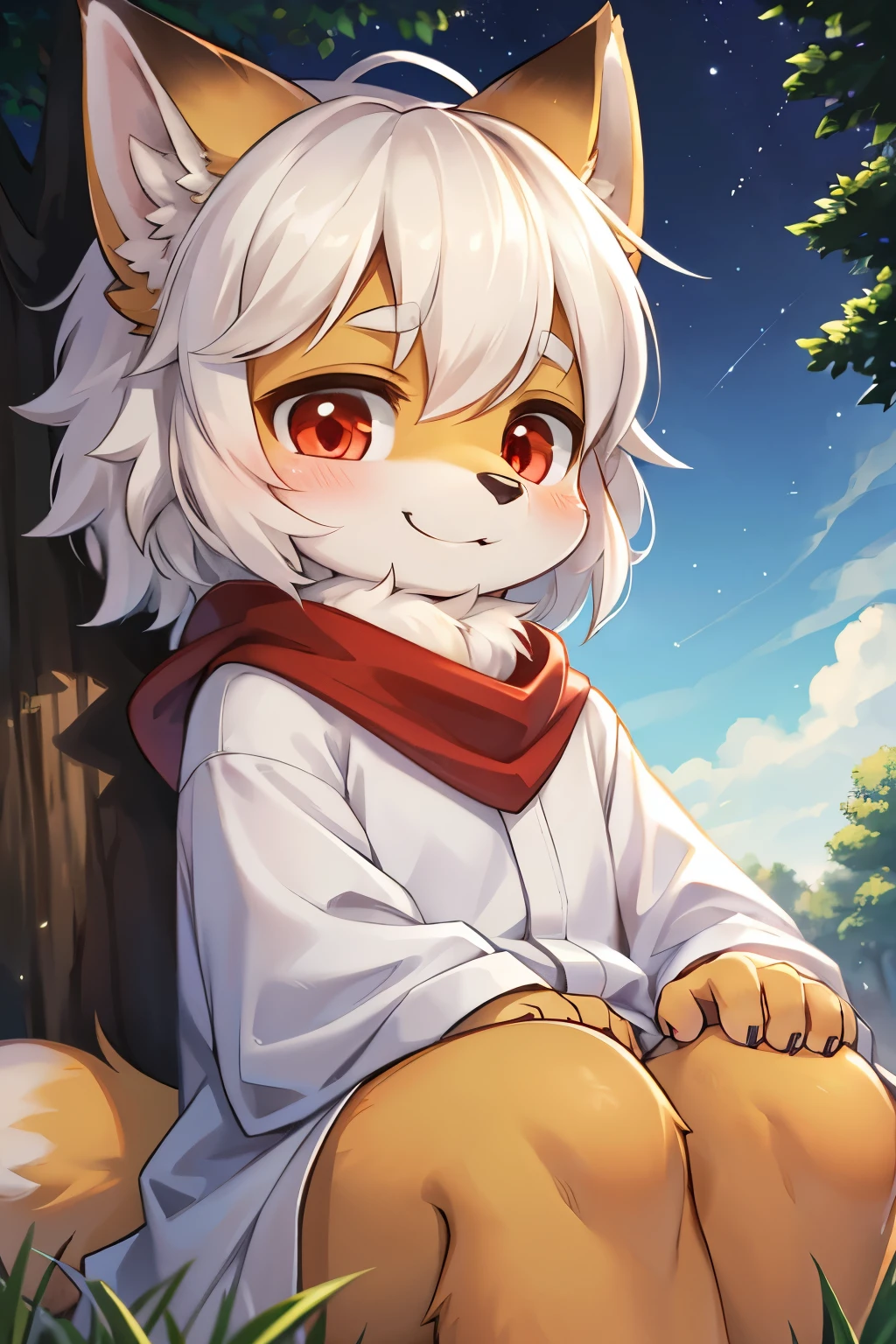  (epic, dynamic angle)top quality, best quality, High-quality , (kemono, super handsome 1boy, solo focus)(7 years old boy, furry anthro)(highly detailed beautiful face and eyes)absurdres, perfect anatomy, smile, happy, dynamic angle, Best image quality, 4K, masterpiece,  red eyes, innocent boy, Cute and soft, young, Sacred Eye, Beautiful Hair, View Lens, Face Focus, smile, Delicate facial features, Front lighting, Front light source, Portraiture, Cute feeling, Excellent posture for capturing, Portraiture, red fox，The male，One guy，Furry Fur， Cute little animals，fluffly，White hair，Sitting alone under a tree，leaning against the tree trunk，On the lawn of the park，Pups, night sky, stars，Close-up of cute characters, mascot boy