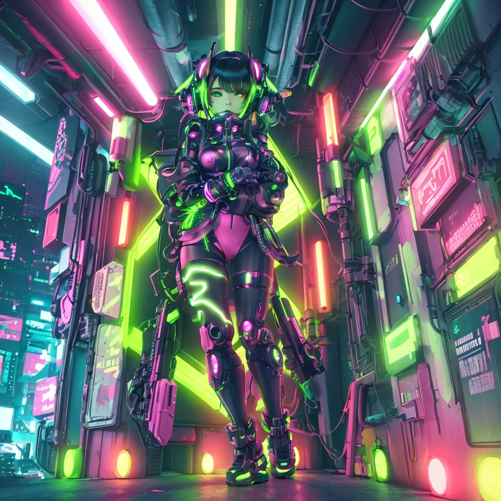 a cute chibi character,cyberpunk outfit,detailed futuristic fashion,intricate neon cybernetic details,glowing cybernetic implants,complex geometric patterns,dynamic pose,bright neon colors,chiaroscuro lighting,cinematic atmosphere,highly detailed,8k,photorealistic,masterpiece