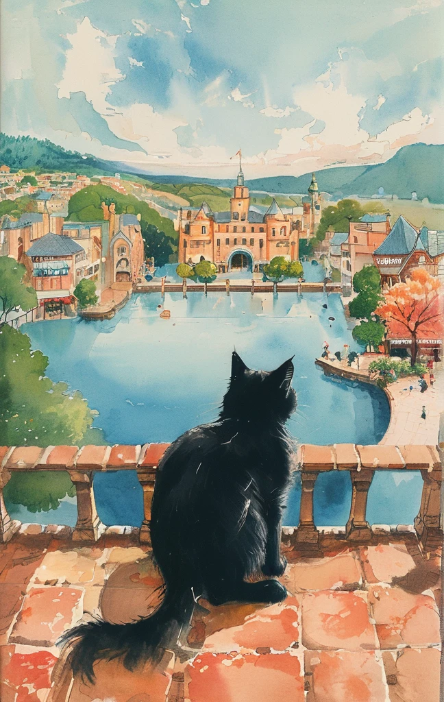 Generate an illustration of a black cat overlooking the cityscape from a high place. Overhead view. back view of cat castle. castle town. fountain. Bar. Greengrocer. Fish shop. Made of brick. Fantasy view . --s 1000 --c 5 --style raw --no lowest quality, lowest detailed, flat , realistic --niji 6
