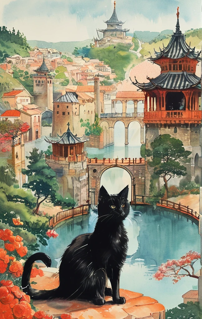 Generate an illustration of a black cat overlooking the cityscape from a high place. Overhead view. back view of cat castle. castle town. fountain. Bar. Greengrocer. Fish shop. Made of brick. Fantasy view . --s 1000 --c 5 --style raw --no lowest quality, lowest detailed, flat , realistic --niji 6
