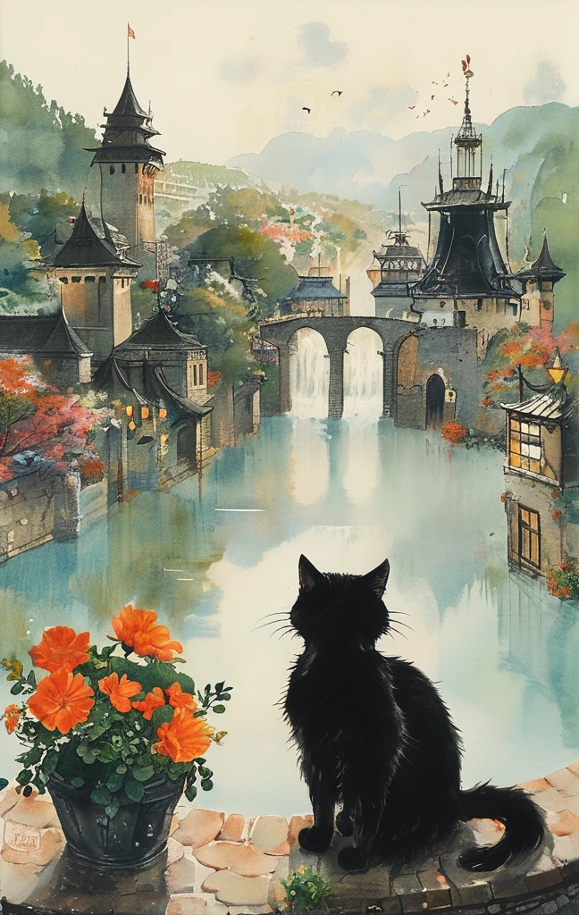 Generate an illustration of a black cat overlooking the cityscape from a high place. Overhead view. back view of cat castle. castle town. fountain. Bar. Greengrocer. Fish shop. Made of brick. Fantasy view . --s 1000 --c 5 --style raw --no lowest quality, lowest detailed, flat , realistic --niji 6