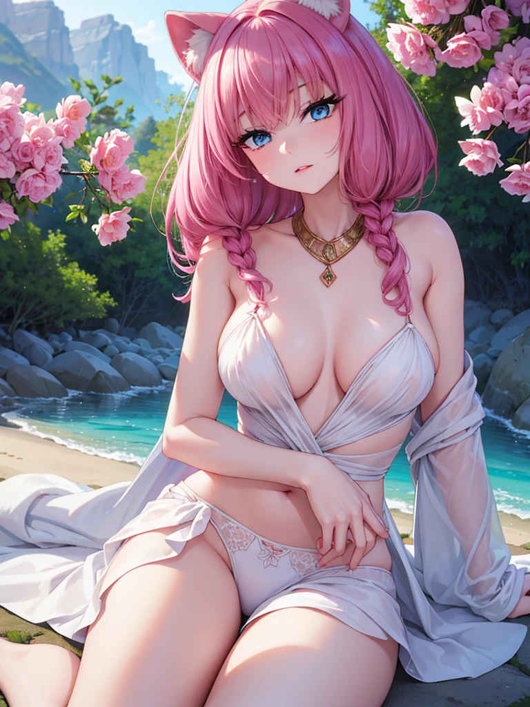 full body,landscape, nature background,masterpiece, Cherry blossom forest, (high detal:1 1), Natural skin, high qulity, NSFW, Naruto Sakura，A pink-haired，short detailed hair，Green eyes，（Large breasts:1.2），（Off-the-shoulder attire:1.5），Leaking out of the shoulder，（比基尼:1.5），（ssmile:1.2），Be red in the face，（cleavage:1.4），Sexy figure，perfect bodies，white clothes，beautidful eyes, (Detailed face and eyes), (the face: 1 2), noises,Extra, real photograph, .................PSD, Lamp film photography, sharp fokus, contrasty lighting, Delicate skin, High resolution 8K, insanely details, realisticlying, professional photoshooting, 8K  UHD, SLR camera, softlighting, high high quality, filmgrain, Fujifilm XT3，magic，particle fx