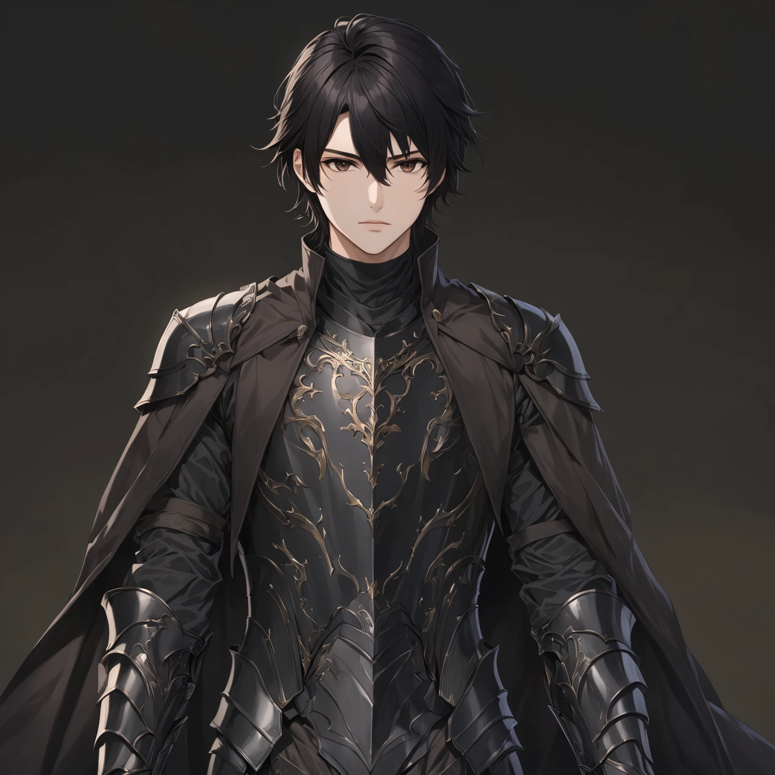 masterpiece, best quality, good quality, Highly detailed, shadowverse style, male, dark black hair, dark brown eyes. armored, elven aesthetic, overcoat, adult, leg on the ground, dark armored greaves. dark armored gauntlet, dark gray colored clothes, dark armored pauldron