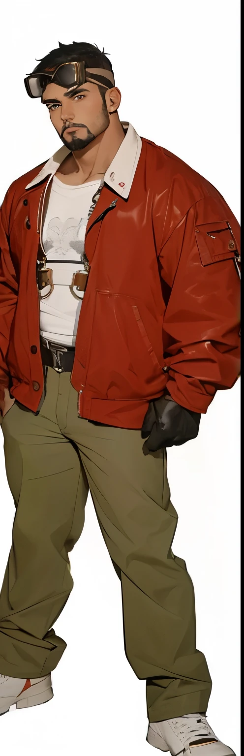 Masterpiece, Best Quality, Ultra-Detailed, 1man, mature man, 28 years old, rugged, strong, jock, hunk, bara, large shoulders, muscular, tanned skin, brown skin, black skin, black hair, buzz cut, buzz cut hairstyle, black eyes, detailed eyes, very beautiful eyes, black goatee, goatee, thick eyebrowns, steampunk googles on head, red jacket, white shirt, orange suspenders under the jacket, black gloves, brown pants, white shoes, white all-star shoes, full body shot, white background, 