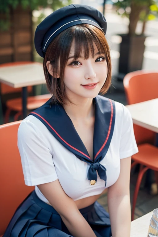 (2girls, youthful and beautiful women, age 20s, wearing the iconic japanese high, white shirt with buttons, pleated mini-skirt, red neck collar ribbon, short red tie, serafuku, ponytail hair, short hair, bob hair with side bangs, sailor hat, sailor uniform,
BREAK
sitting in an outdoor cafe, Friendly Kind smile, beautiful detailed eyes, beautiful detailed lips, extremely detailed eyes and facial features, long eyelashes, natural color lips, ample bosom, huge breasts, perfect anatomy, super cute, natural pose looking at camera, high angle camera shot, High-angle shot,
BREAK
Photorealism, Ultra-realistic, portrait, vivid colors, photo-realistic, UHD, 4k, 8k, ultra-detailed, finely detailed, high resolution, masterpiece, best quality, illustration, perfect dynamic composition, bokeh night background, safe for work, SFW)
