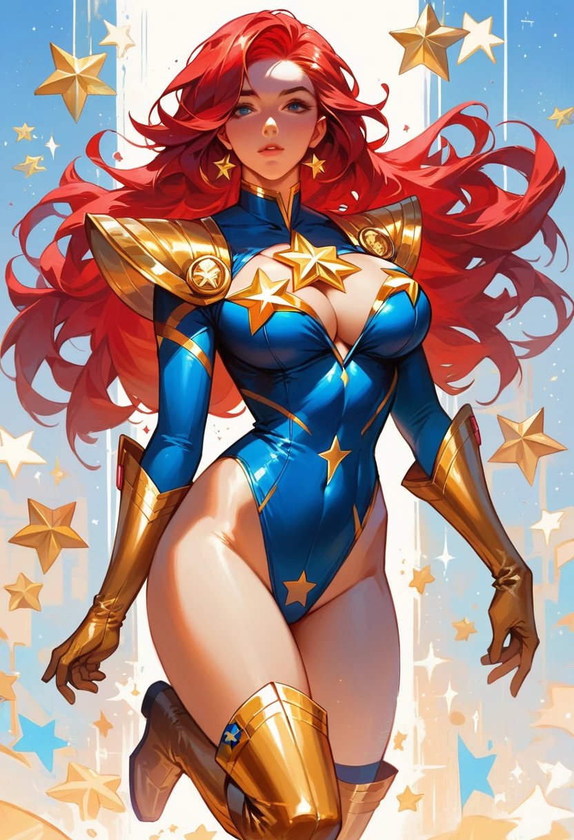 masterpiece, Sexy, Superheroine, Red hair, long hair, busty, ((blue highleg leotard with a t-back thong and a gold star insignia on chest)), gold boots, gold gloves,