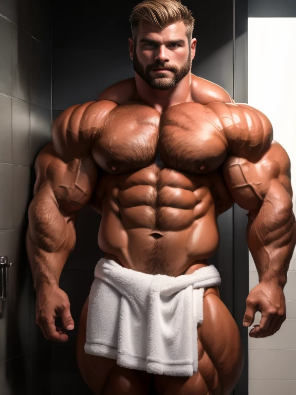 Handsmome white man, 30 years old, dark blonde hair color, hairy body, bodybuilder, barechested, (white towel around his waist), (front view:1.2), still pose, short beard, serious face, wet hair, wet body, soaked, well-framed, hunky, lean and ripped, rippling chest
