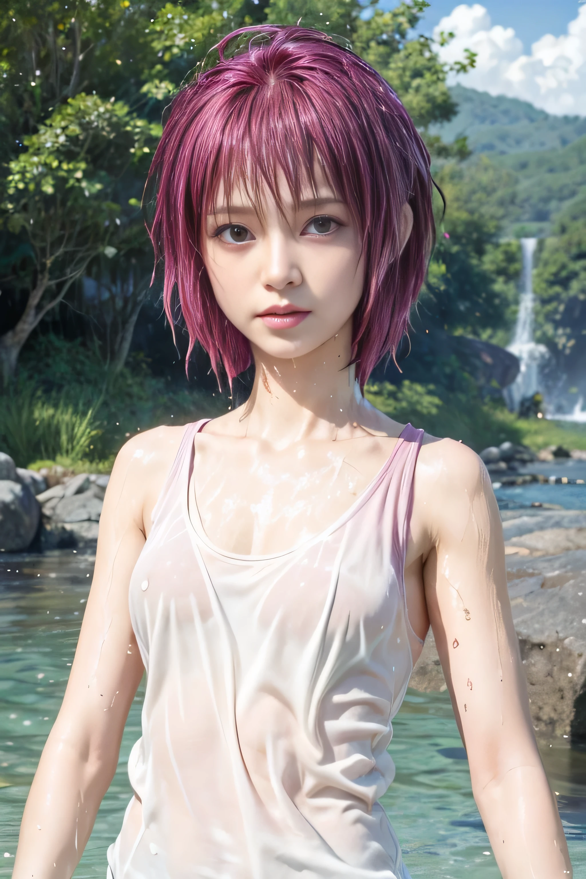 masterpiece, best quality, (realistic,photo-realistic:1.4), (RAW photo:1.2), extremely detailed CG unity 8k wallpaper, delicate and beautiful, amazing, finely detail,official art, absurdres, incredibly absurdres, huge filesize, ultra-detailed, extremely detailed, extremely detailkcaled girl,extremely detailed eyes and face, light on face,lunamaria hawke,little smiles,(short hair:1.3),(magenta hair:1.3),nature,small breast,(wearing tanktop:1.5),(wet body:1.5)