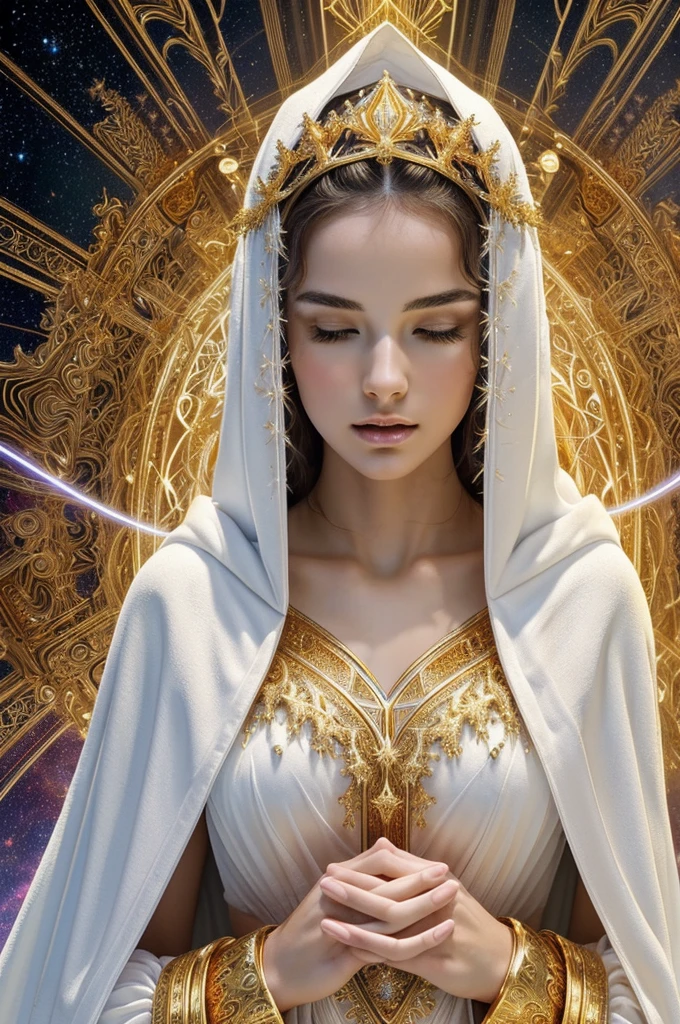 (masterpiece, top quality, Best Quality, official art, beautiful and aesthetic:1.2), (1 girl), extremely detailed, (fractal art:1.3), showy, more detailed, perfect face, Naked upper body
, HdR, (praying:1.3), (white cloak with golden lines:1.2), Galaxy, (light streaks), amazing images, (dynamic streaks, luminous trails:1.2), vibrant colors,