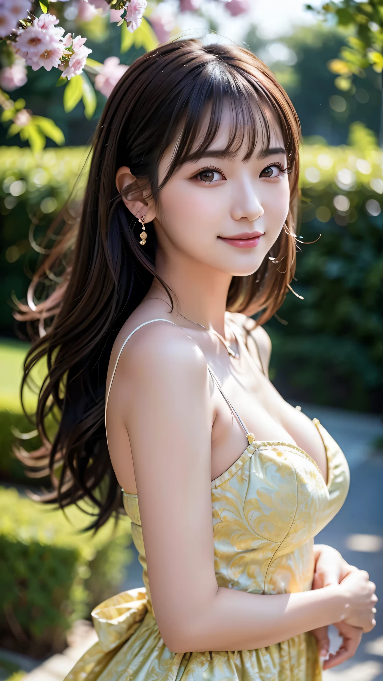 (Highest quality:1.4、8K Masterpiece、Ultra-high resolution)、(Realistic:1.3)、Highest quality soft natural light, RAW Photos、8K wallpaper incorporating highly detailed CG, ,　1 beautiful girl、s old、Pale skin:1.4, Shine, Beautiful Skin:1.2、((Ultra-Realistic Details))、Portraiture、All the characters are super realistic.:1.6、Global Illumination、Octane Rendering:1.2,　 The best beautiful girl,Very detailed, High resolution raw color photos, Professional photography, Realistic portrait, Cinematic Light, With a small face、Pale Cheeks:1.1、(With a cute smile:1.4)、((Beautiful Eyes、Light enters the eyes:1.4、Staring at a lover、Adorable eyes:1.2 )) 、((Shine Hair　Brown ponytail　、Delicate texture、Voluminous Hair:1.2、Thick Hair:1.2 )),　Beautiful big ,(Big ample breasts:1.2)、Captivating beauty、Captivate what you see、Damask Shirt Dress、( Shrug:1.2)、Expose your shoulders, Cleavage:1.2、Outdoor 、A spacious space with greenery and flower beds々A spacious and::1.4、garden 、wind　, From the side　、 Beautiful details,  Chest Details, (Beautiful random color damask dress with deep neckline:1.4), Very good, , (Camel toe details), Very detailedな, Highest quality, Tabletop,