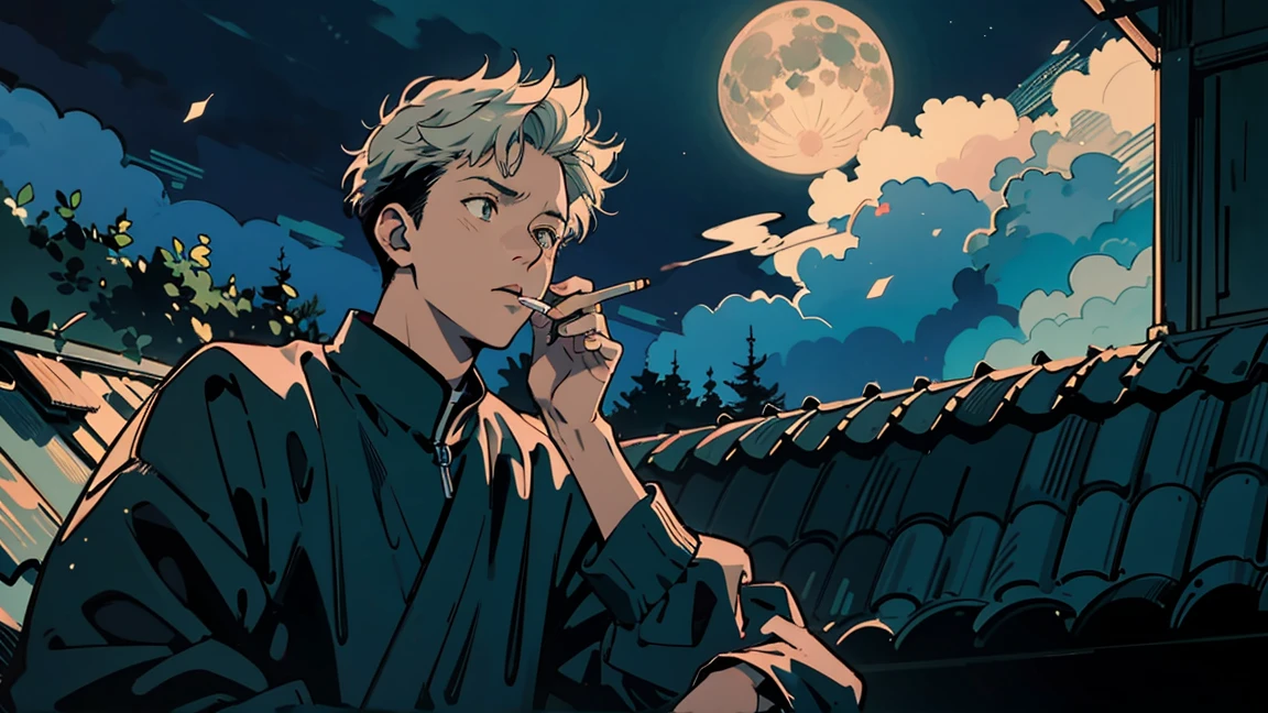 Yuji Itadori, a character from Jujutsu Kaisen, sits on the roof of his house, smoking a cigarette, staring up at the stars. A full moon illuminates his face, and he has a pensive expression. Nighttime scenery with scattered clouds. Art style: manga, dark tones, realism.