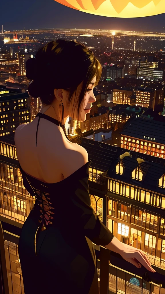 Generate an illustration of a black cat overlooking the cityscape from a high place. Overhead view. back view of cat castle. castle town. fountain. Bar. Greengrocer. Fish shop. Made of brick. Fantasy view . --s 1000 --c 5 --style raw --no lowest quality, lowest detailed, flat , realistic --niji 6