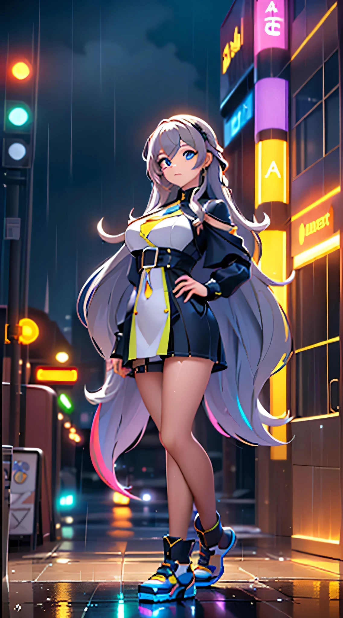 (Dynamic Angle:1.4), ((Full body posing:1.5), (Colorful:1.2), (Highly detailed CG Unity 16K wallpaper:1.1), (Denoising strength: 1.45), (tmasterpiece:1.37), ((Official art)), of the highest quality, (Realistic), Green Cyber Girl, 2 head body,Deformed Character,cute expression, (Super long hair:1.6),voluminous hair,Hair in motion,Golden hair,Glowing eyes,(blue eyess:1.2), wires, (LED:1.3), (a hologram:1.2), futuristic city street, Neon light, Skyscrapers, (Night:1.2), (Rain:1.2), (Rainbow Model:1.2), 8K resolution, (Anime style:1.3), Cinematic lighting, chromatic abberation, spark of light, Ray tracing, blending, ultra wide-angle,  Hasselblad, (masutepiece), (masutepiece), ((Best Quality)), ((masutepiece)), nffsw. Vestido de colores y el color de cabello de colores.