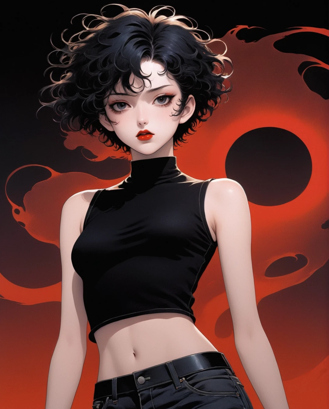 Art style by Yoshitaka Amano, Art style by Takato Yamamato, Art style by Ayami Kojima, (Masterpiece, Top Quality, Super Detail, High Resolution, Best Illustration), 1990s (style), 1980s (style), retro art style, Highest image quality, 90s style anime,  a full-body, high-resolution anime style of a rebellious teenage female punk rocker with short curly black hair, thin face, intense red lips, sleeveless black top, and tight black denim pants, inspired by the works of Yoshiaki Kawajiri, vibrant and edgy, with dramatic lighting and dynamic composition, ((by Philippe Druillet)) 