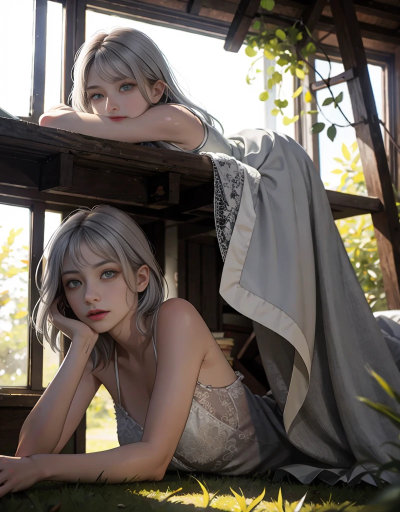  Individual focus， stoic ， beautidful eyes， abandoned cottage， ln the bedroom， light particules， suns rays， dramatic  lighting， Do lado de fora， grassy， leafs， Shiny （yellow， Red Jewel， White gradient：1.5）， Realistic， tmasterpiece， best qualtiy， ultra - detailed， A detailed， scenecy， Beautiful and delicate eyes， Detailed gray hair，beautiful red eye