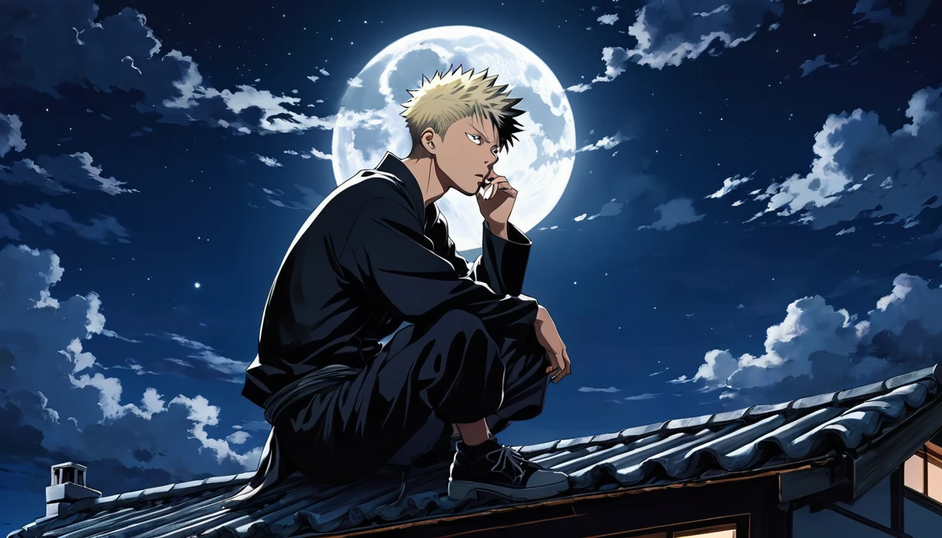 Yuji Itadori, a character from Jujutsu Kaisen, sits on the roof of his house, smoking a cigarette, staring up at the stars. A full moon illuminates his face, and he has a pensive expression. Nighttime scenery with scattered clouds. Art style: manga, dark tones, realism.
