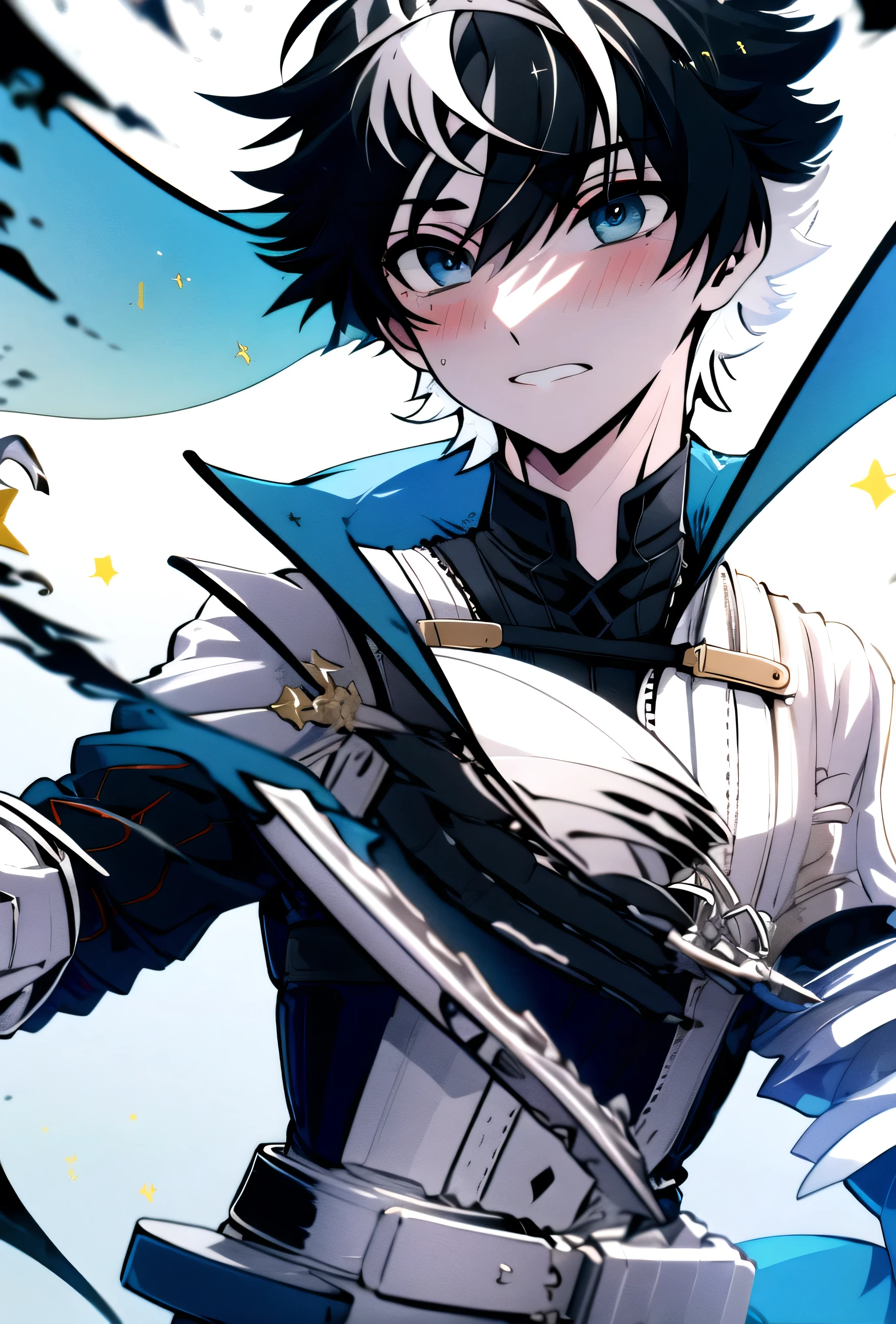 (masterpiece), (HDR), absurdres, (best quality), (ultra high quality), (hi-res), (((cowboy shot))), (1boy), solo, alone, mature, charlemagne, (blue eyes), beautiful detailed eyes, (((black hair))), multicolored hair, bishounen, BREAK, Transparent Dress, dynamic poses, dynamic angle, No background, White background, looking away from viewer, blush