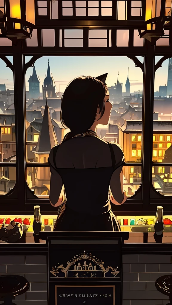 Generate an illustration of a black cat overlooking the cityscape from a high place. Overhead view. back view of cat castle. castle town. fountain. Bar. Greengrocer. Fish shop. Made of brick. Fantasy view . --s 1000 --c 5 --style raw --no lowest quality, lowest detailed, flat , realistic --niji 6