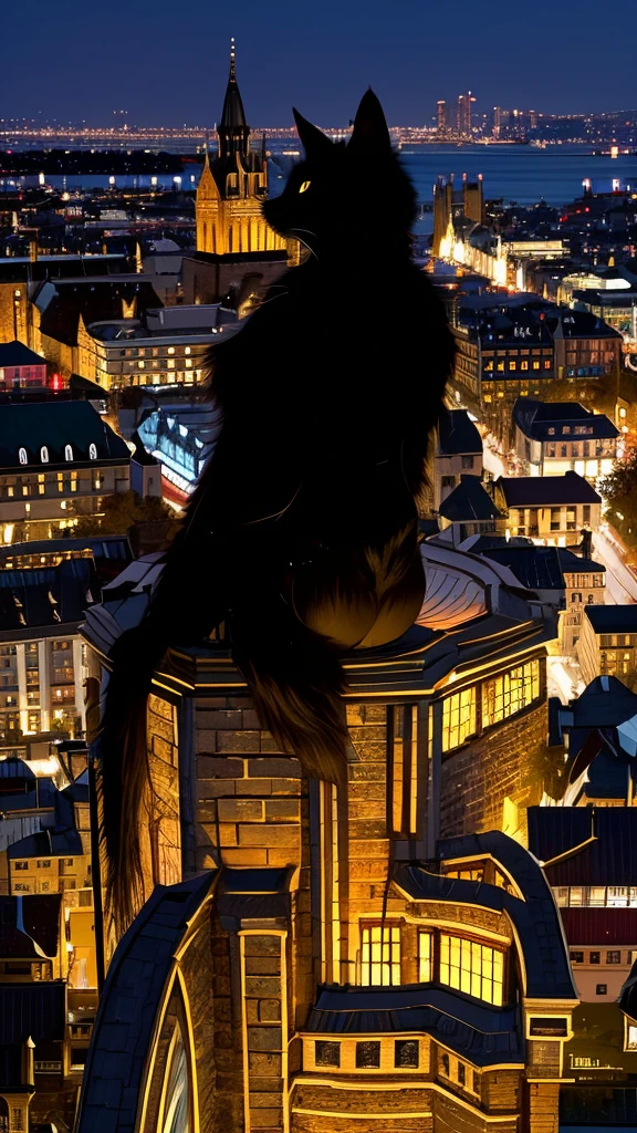 Generate an illustration of a black cat overlooking the cityscape from a high place. Overhead view. back view of cat castle. castle town. fountain. Bar. Greengrocer. Fish shop. Made of brick. Fantasy view . --s 1000 --c 5 --style raw --no lowest quality, lowest detailed, flat , realistic --niji 6