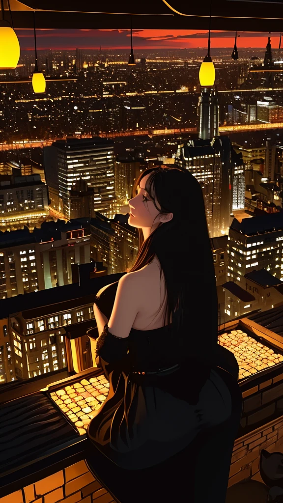 Generate an illustration of a black cat overlooking the cityscape from a high place. Overhead view. back view of cat castle. castle town. fountain. Bar. Greengrocer. Fish shop. Made of brick. Fantasy view . --s 1000 --c 5 --style raw --no lowest quality, lowest detailed, flat , realistic --niji 6