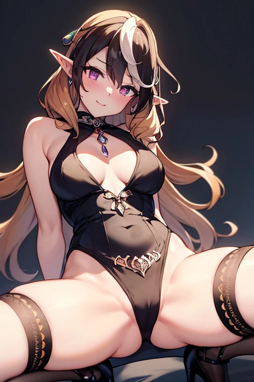 uppder body, from below,photo of a woman,nude,(bald:1.2),lying,spread legs,arms stretched out,happy,white background,simple background , full—face blush, nude , neck lace, earrings, bed ,sliver bracelet, twin drills , head tilt, unity 8k wallpaper, game cg , Anime , high resolution, best quality, extremely detailed cg ,(elf), blonde ,(heart public tatoo:1.1), luxury, rich, gold , black lace choker, panty stockings, high heels,