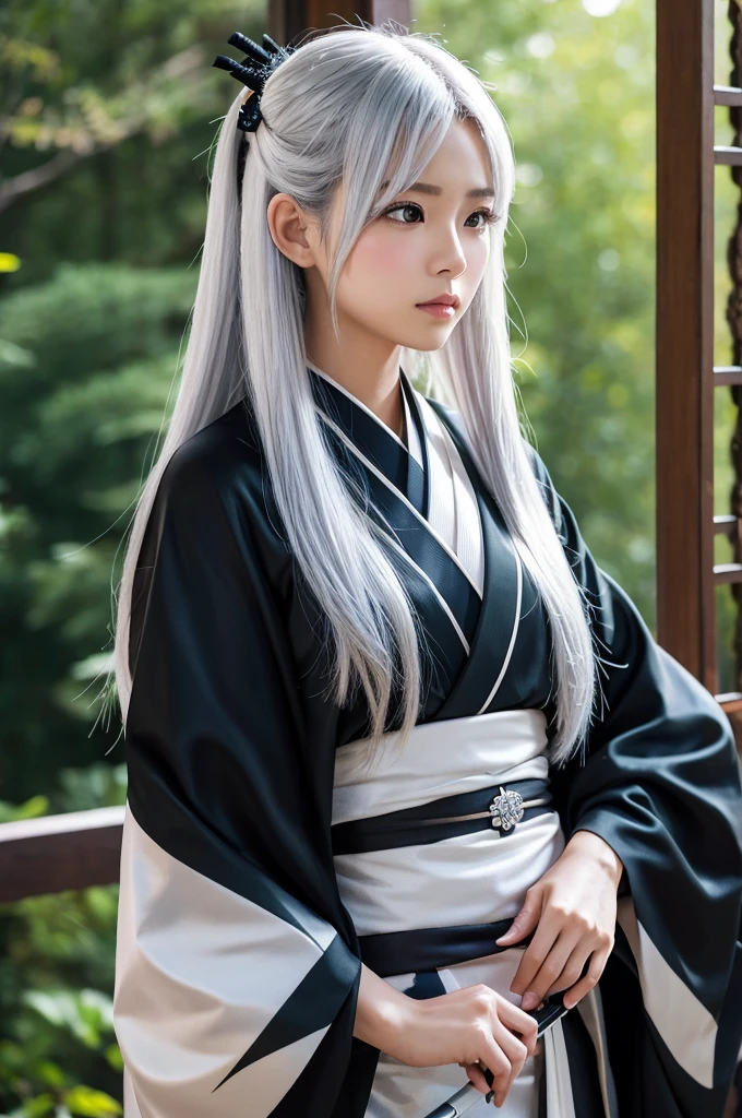 woman、Silver Hair、Long Hair、katana、Black kimono、looking away、buck shot、アニメ