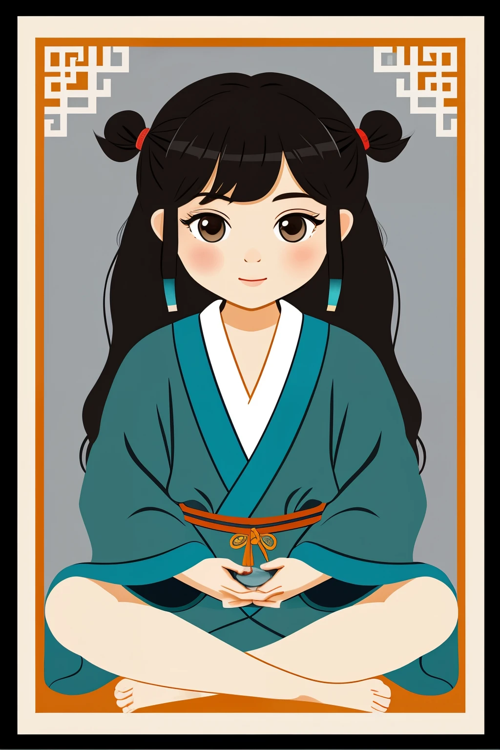 Cartoon draw, Chibi style, Cute, Masterpiece, Excellent, Daytime, 1 Man, Chinese Style, Ancient China, Chinese Small Garden, Fish, Turquoise Brown Hair, Gray-Blue Eyes, Split Hair, Long White Hair, Long Bangs, High Ponytail, Full  body, Sit Cross-legged, Zen, Dark Clothes, Gray Clothes, Black Antique Robe, Chinese Divine Dragon Pattern, Immortal