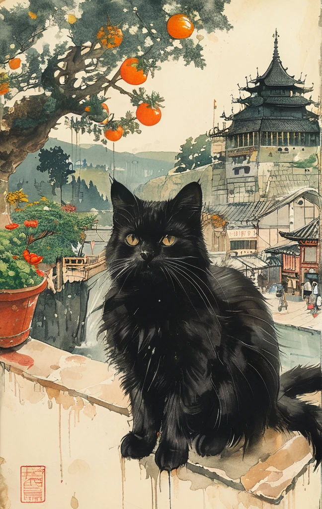 Generate an illustration of a black cat overlooking the cityscape from a high place. Overhead view. back view of cat castle. castle town. fountain. Bar. Greengrocer. Fish shop. Made of brick. Fantasy view . --s 1000 --c 5 --style raw --no lowest quality, lowest detailed, flat , realistic --niji 6