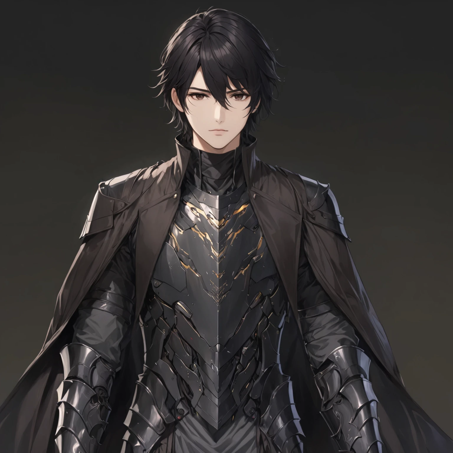 masterpiece, best quality, good quality, Highly detailed, shadowverse style, male, dark black hair, dark brown eyes. armored, futuristic sci-fi aesthetic, overcoat, leather jacket overcoat, adult. leg on the ground, dark armored greaves. dark armored gauntlet, dark gray colored clothes
