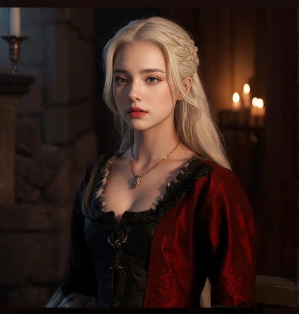 Golden silver hair, Pale skin, large eyes, full lips, targaryen plunging neckline,big breasts, Targaryen