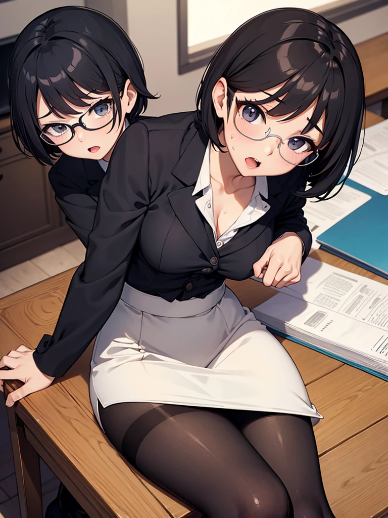 masterpiece, best quality, high definition images, atmospheric perspective, expressive eyes, perfect face, ultra detailed, solo, 1mature seductive woman lying back sprawled down on desk, ashamed, shy, look ecstasy, panic situation, pinup, sexy pose, alluring pose, black short bob hair, simple glasses, female teacher, black short bob hair, simple glasses, business suit, jacket, blouse, pencil skirt, tight mini skirt, lifting skirt, black panties, curvy, thighs, pantyhose, high heals, spread legs, open mouth, sweaty, from above, in study room,
