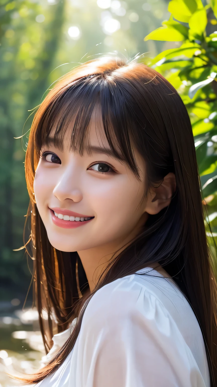 (Photo realistic:1.4), (Surreal:1.4), (Smooth lighting:1.05), 1 girl, (Sad Smile:1.4), Open your mouth a little, Pure beauty, 22 years old, Soft lighting, Backlight, (Cheerfulness:1.2), (Top quality real texture skins), I narrowed my eyes., Very beautiful face, Glowing Skin, retina, Anatomically correct, Acura, Super Detail, Textured skin, high quality, Attention to detail, 最high quality, High resolution,Morning forest with clear water flowing through it, Medium length hair swaying in the wind, bangs, blouse