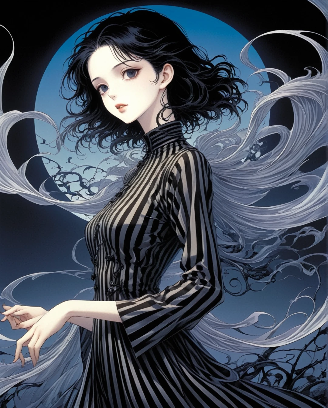 Art style by Yoshitaka Amano, Art style by Takato Yamamato, Art style by Ayami Kojima, (Masterpiece, Top Quality, Super Detail, High Resolution, Best Illustration), 1990s (style), 1980s (style), retro art style, Highest image quality, 90s style anime, Girl Gothic Striped Clothing Black Hair Tim Burton Style Comics 2D Grafit