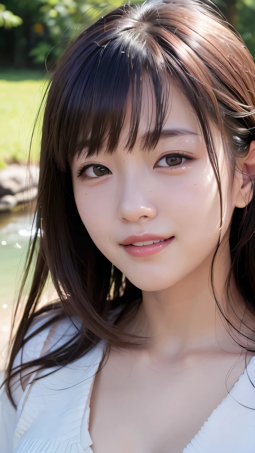 (Photo realistic:1.4), (Surreal:1.4), (Smooth lighting:1.05), 1 girl, (Sad Smile:1.4), Open your mouth a little, Pure beauty, 22 years old, Soft lighting, Backlight, (Cheerfulness:1.2), (Top quality real texture skins), I narrowed my eyes., Very beautiful face, Glowing Skin, retina, Anatomically correct, Acura, Super Detail, Textured skin, high quality, Attention to detail, 最high quality, High resolution,Morning forest with clear water flowing through it, Medium length hair swaying in the wind, bangs, blouse