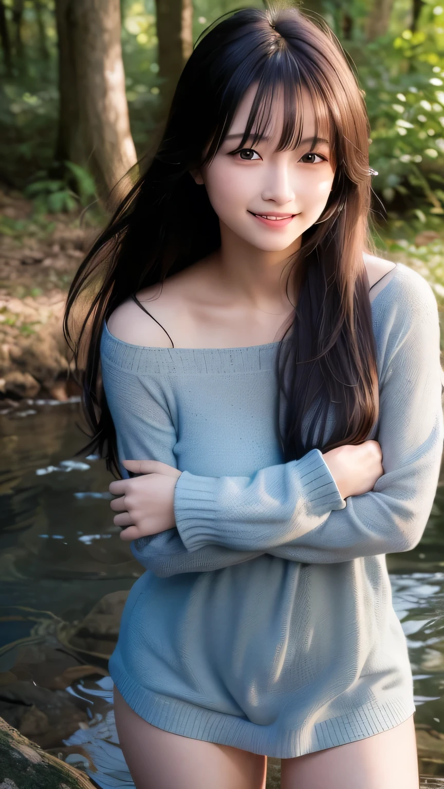 (Photo realistic:1.4), (Surreal:1.4), (Smooth lighting:1.05), 1 girl, (Sad Smile:1.4), Open your mouth a little, Pure beauty, 22 years old, Soft lighting, Backlight, (Cheerfulness:1.2), (Top quality real texture skins), I narrowed my eyes., Very beautiful face, Glowing Skin, retina, Anatomically correct, Acura, Super Detail, Textured skin, high quality, Attention to detail, 最high quality, High resolution,Morning forest with clear water flowing through it, Medium length hair swaying in the wind, bangs, blouse