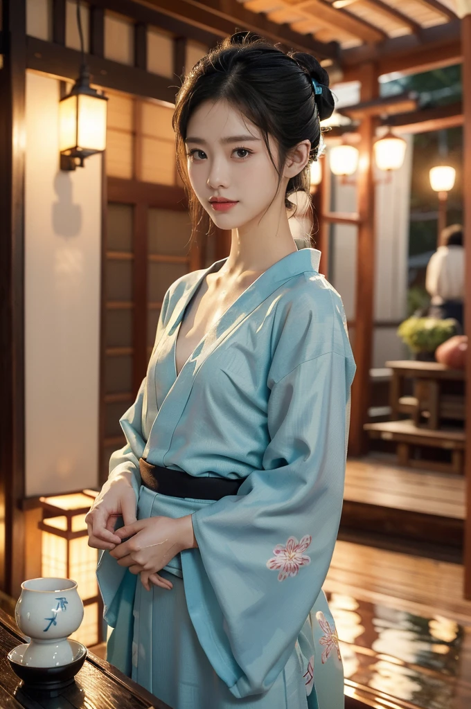 (((best quality))),(((ultra detailed))),(((masterpiece))),illustration,((1 beautiful Japannese girl,solo)),((slim,thin)),((small breasts,flat chest)),(in izakaya:1.3),(summer:1.2),(rainy:1.3),(indoor:1.2),(night scene:1.3),(wet:1.3),(cyan floral yukata:1.3),neat bun,porcelain skin,rouge,dimly lit,warm glow,ethereal,(standing:1.3),(hands on both sides:1.3),sake bottle,half-empty glass,tray,grilled fish,steamed vegetables,half-eaten,melancholic smile,storm,solitude,enigmatic aura,tranquility,chaos,simplicity,mysterious,captivating,((from front,upper body))