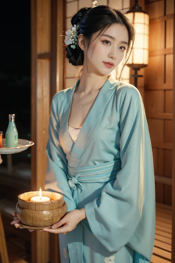 (((best quality))),(((ultra detailed))),(((masterpiece))),illustration,((1 beautiful Japannese girl,solo)),((slim,thin)),((small breasts,flat chest)),(in izakaya:1.3),(summer:1.2),(rainy:1.3),(indoor:1.2),(night scene:1.3),(wet:1.3),(cyan floral yukata:1.3),neat bun,porcelain skin,rouge,dimly lit,warm glow,ethereal,(standing:1.3),(hands on both sides:1.3),sake bottle,half-empty glass,tray,grilled fish,steamed vegetables,half-eaten,melancholic smile,storm,solitude,enigmatic aura,tranquility,chaos,simplicity,mysterious,captivating,((from front,upper body))