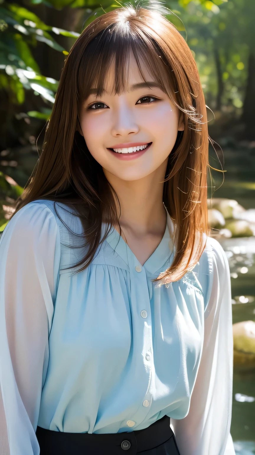 (Photo realistic:1.4), (Surreal:1.4), (Smooth lighting:1.05), 1 girl, (Sad Smile:1.4), Open your mouth a little, Pure beauty, 22 years old, Soft lighting, Backlight, (Cheerfulness:1.2), (Top quality real texture skins), I narrowed my eyes., Very beautiful face, Glowing Skin, retina, Anatomically correct, Acura, Super Detail, Textured skin, high quality, Attention to detail, 最high quality, High resolution,Morning forest with clear water flowing through it, Medium length hair swaying in the wind, bangs, blouse