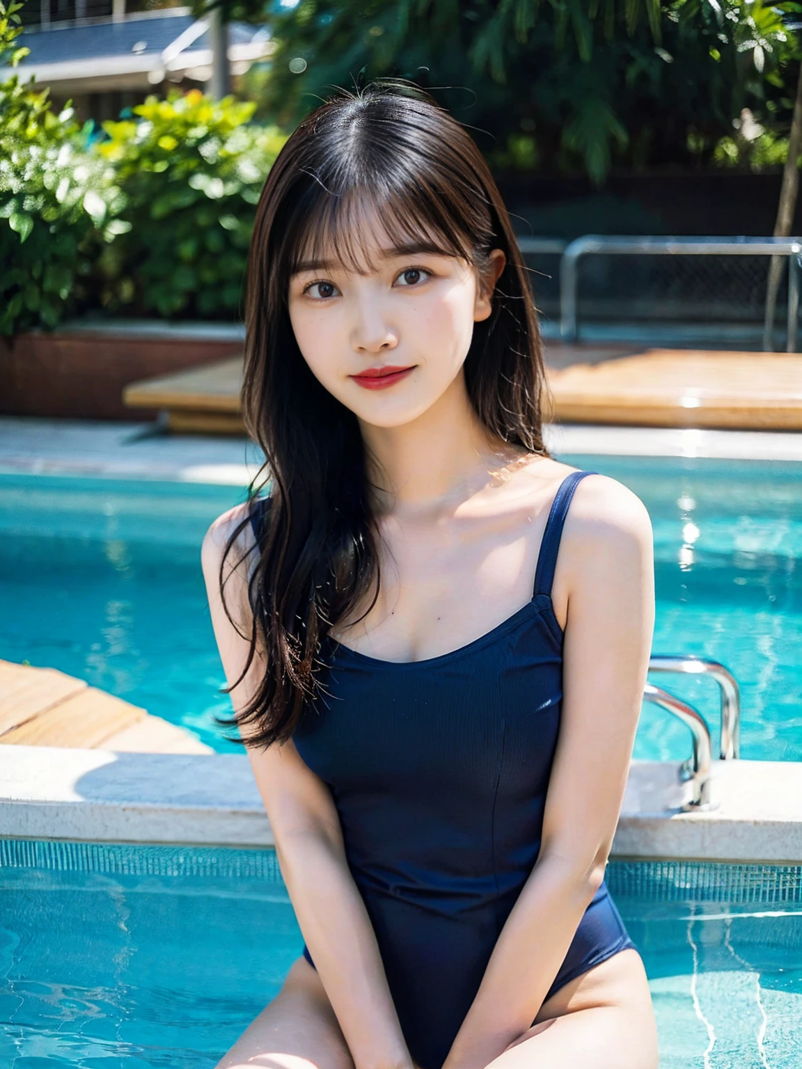 1girl, 25 years old woman, medium breasts, cute face, beautiful face, (perfectly detailed face), ((looking at viewer)), Hands behind the body, hands behind head, Simple Background, One-piece swimsuit, poolside, sexy pose, standing by the pool, full body visible, waki, smiley, Sitting by the pool, thighs visible, photorealistic, (bokeh), feet out of frame, feet out of frame, tachi-e, UHD, anatomically correct, highres
