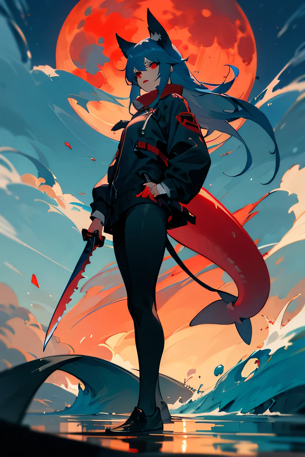 8k,best quality,comic unreal,
Black tights,red eyes,shark teeth,blue knife in hand,
Sea,outdoor,big scene,details,shark tail,
Night,red moon,
Standing on the sea,fierce,wide_shot,