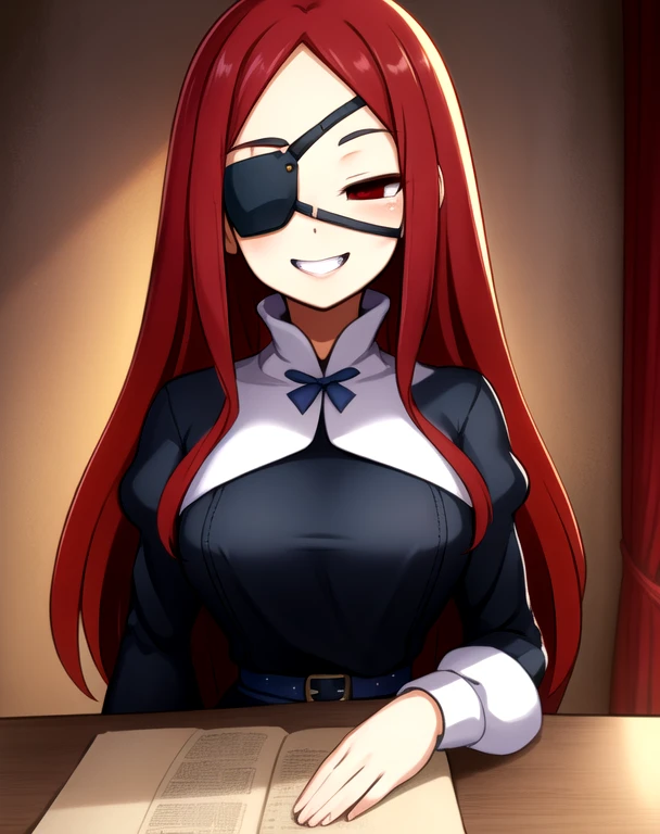 Marietta, right eyepatch, long red hair, grin, red eyes, 
blue roped belt,long sleeves,black dress, 
 sitting,  upper body, 
castle, indoors,  
 (insanely detailed, beautiful detailed face, masterpiece, beautiful detailed eyes, best quality)
 