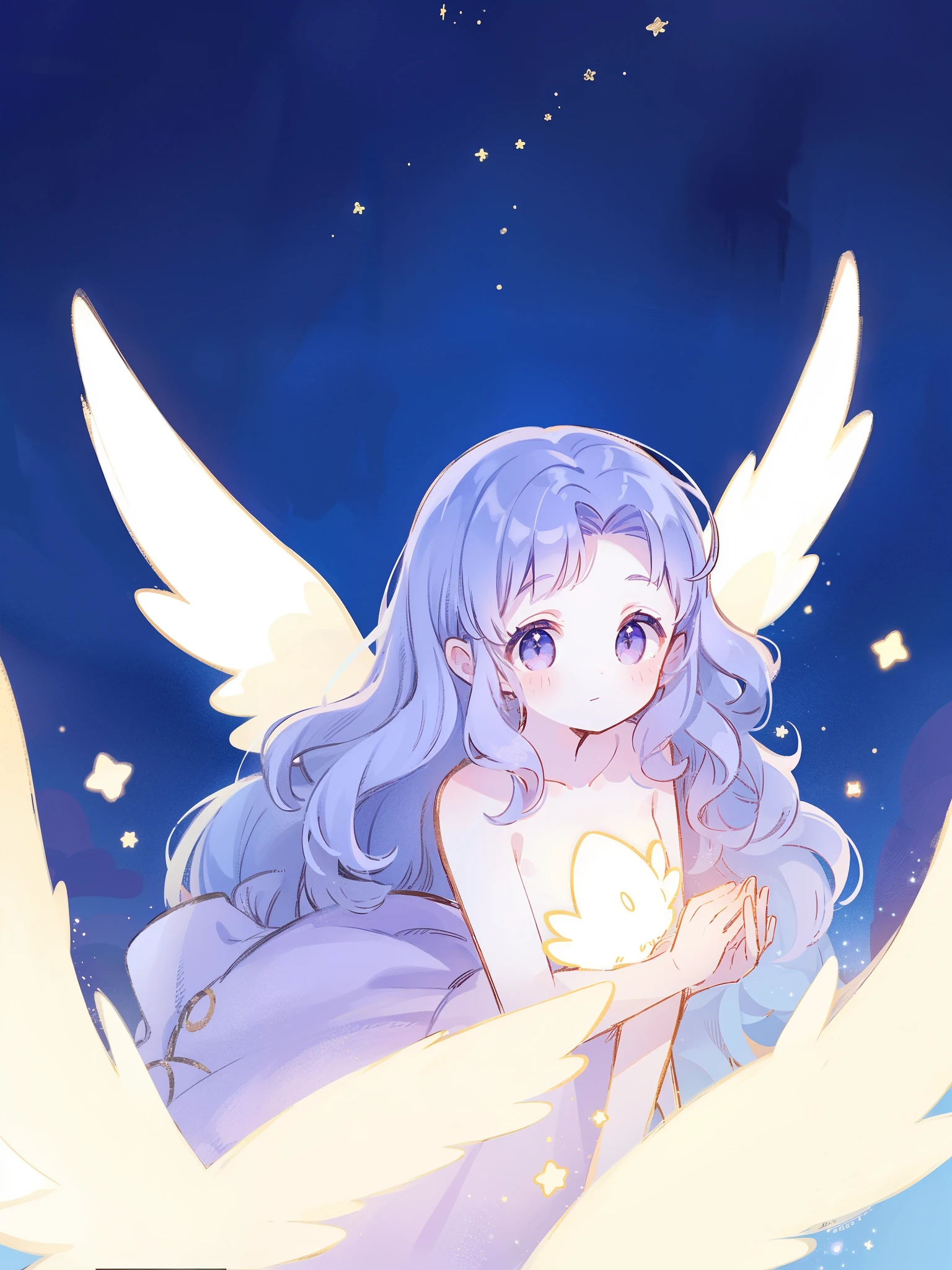 nude angel girl wearing an ethereal translucent dress, pale skin, ((wavy gradient blue purple hair)), white feathers, angel wings, sparkling detailed eyes, golden ratio face, perfect composition, highly detailed, ethereal, (starry night sky background), midjourney style