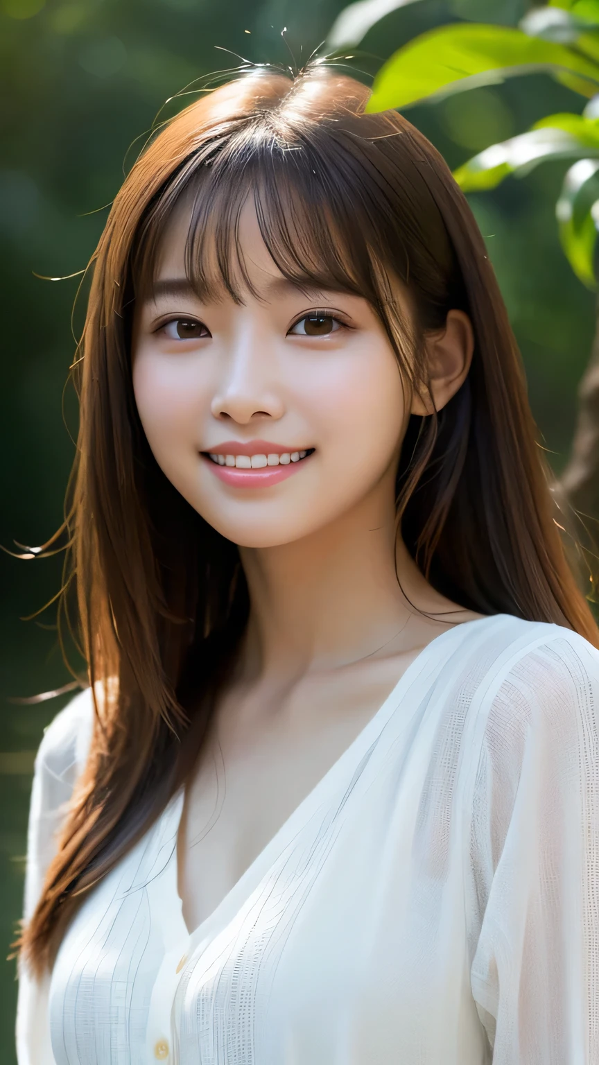 (Photo realistic:1.4), (Surreal:1.4), (Smooth lighting:1.05), 1 girl, (Sad Smile:1.4), Open your mouth a little, Pure beauty, 22 years old, Soft lighting, Backlight, (Cheerfulness:1.2), (Top quality real texture skins), I narrowed my eyes., Very beautiful face, Glowing Skin, retina, Anatomically correct, Acura, Super Detail, Textured skin, high quality, Attention to detail, 最high quality, High resolution,Morning forest with clear water flowing through it, Medium length hair swaying in the wind, bangs, blouse