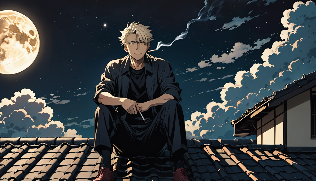Yuji Itadori, a character from Jujutsu Kaisen, sits on the roof of his house, smoking a cigarette, staring up at the stars. A full moon illuminates his face, and he has a pensive expression. Nighttime scenery with scattered clouds. Art style: manga, dark tones, realism.