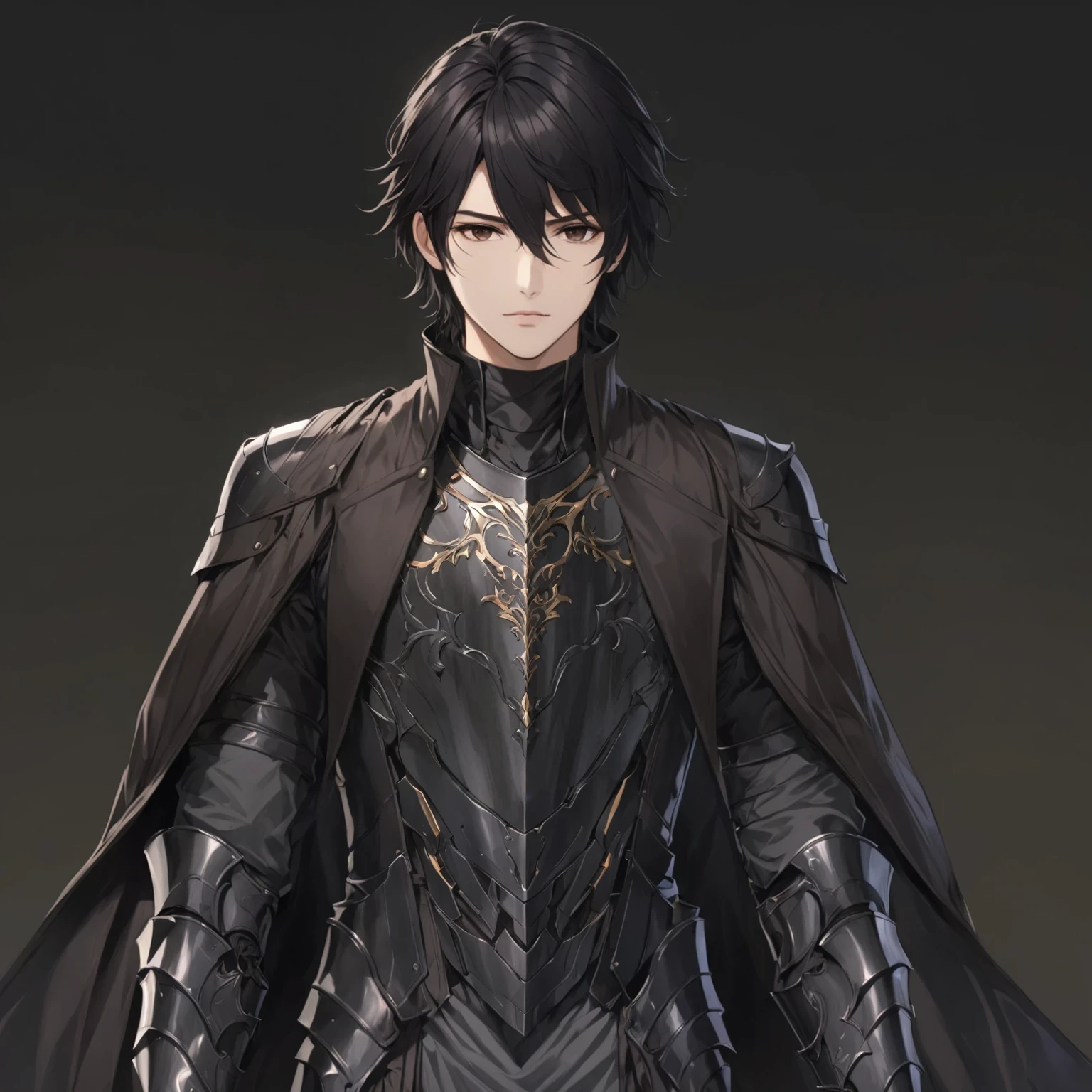 masterpiece, best quality, good quality, Highly detailed, shadowverse style, male, dark black hair, dark brown eyes. armored, elven aesthetic, overcoat, leather jacket overcoat, adult. leg on the ground, dark armored greaves. dark armored gauntlet, dark gray colored clothes
