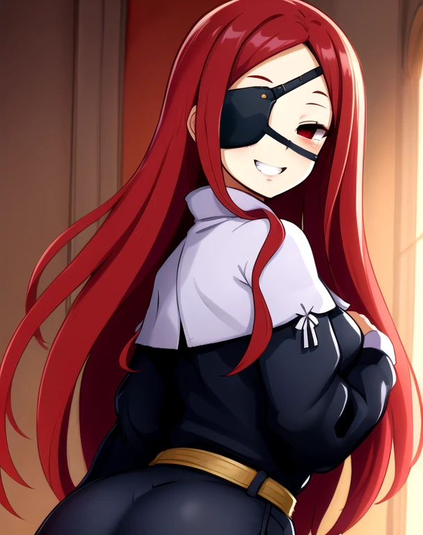 Marietta, right eyepatch, long red hair, grin, red eyes,
blue roped belt,long sleeves,black dress, castle, indoors,
(insanely detailed, beautiful detailed face, masterpiece, beautiful detailed eyes, best quality) room leaning back, posing, from behind, ass support looking at viewer,