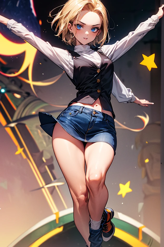 ((masterpiece, highest quality, Highest image quality, High resolution, photorealistic, Raw photo, 8K)), Woman with blonde short hair and black top, denim mini skirt, android 18, anime girl, (She is wearing a short skirt, a long-sleeved shirt, and a Slim Denim Vest), (very detailed figure), saiyan girl, beautiful portrait of android 18, casual pose, badass pose, Detailed skin, blue eyes, thighs visible, In Dynamic Pose, grim face, stand with one's legs spread apart, ((The screen says "Android 18" in large letters)),