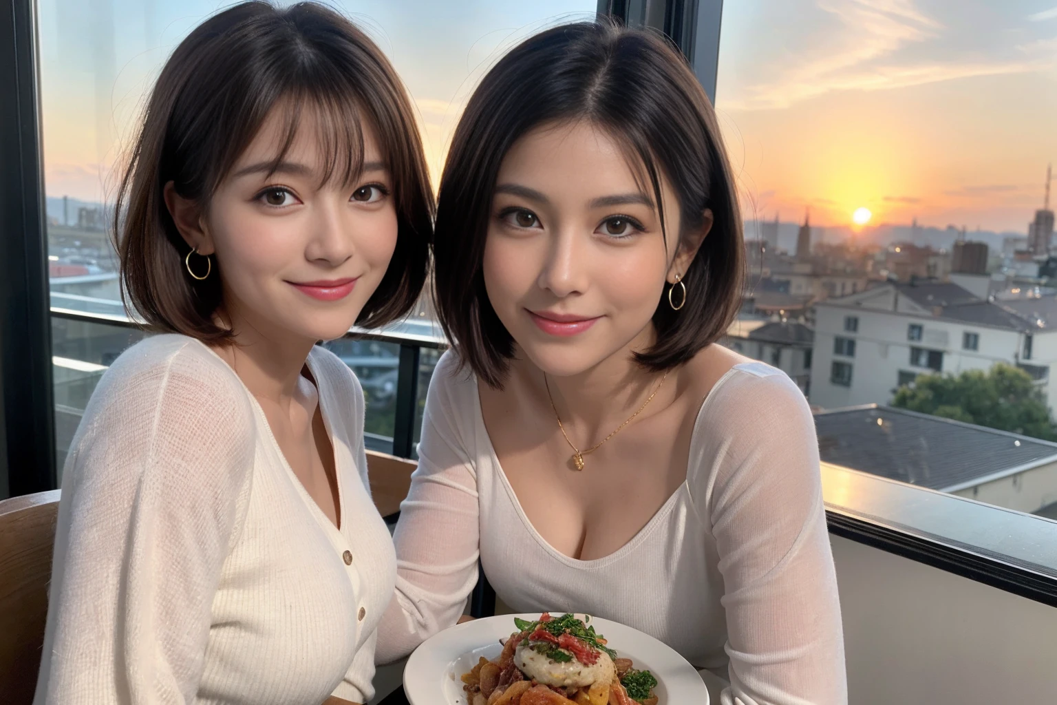 (Realistic:1.1),(masterpiece,Highest quality),8k,(58 years old), 53 years old, ベリーslimボディ、slimカップル、Tight waist,Upper Body,full-course dinner、wine 、Amazing view of the sunset sky and clouds、Perfect Anatomy, Brown Hair, short hair,Random Hairstyles,((Highly detailed face and eyes:1.2)),Perfect golden ratio face,Long sleeve shirt、dress,(smile:1.2)、Shortcuts、cute、(Realistic, Intricate details:1.2), A bright smile、short hair,Bright Face、赤wine 、Appetizers、Italian food、wine bottle、Champagne、スパークリングwine、(slimな顔), (The body is slim), (Brown Hair), (Shortcuts), Upper Body, 白wine, slim, wineグラス,