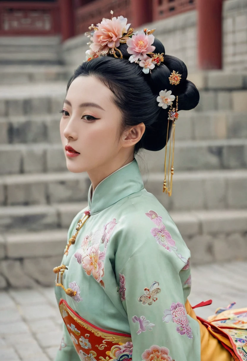 The image of a Qing Dynasty Empress with her bare buttocks visible. The background is the stone paving outside a Chinese palace during the Qing Dynasty. Only her large buttocks are sticking out. She is either wearing underwear or not. Her protruding buttocks are floating up in the air.
Her hair is decorated with a large flower ornament and a large crown.
The back of the hair is tied up and up. Erotic Woman