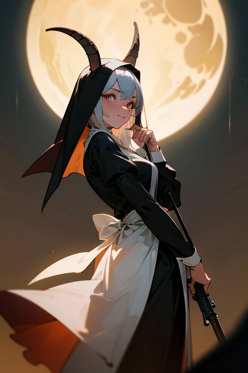 young nun with devilish features, exaggerated with goat horns, deep skin and a skinny yet curvy silhouette. Sporting silver hair, lip gloss, and a waist apron, giggling mischievously while pulling her dress and holding a gun. High-resolution shot with absurd details, under cinematic lighting and depth of field, set against a tan background under a full moon with rain, surrounded by magic circles and intense shadows. Dramatic shadows